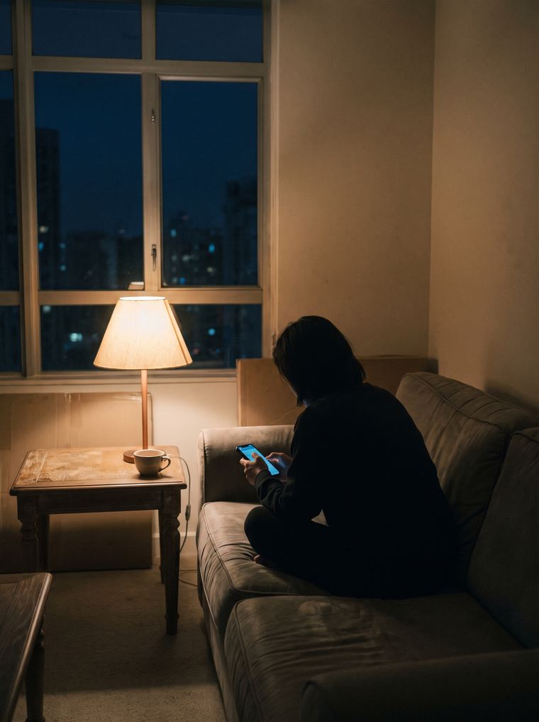 Sala de estar à noite, pessoa em silhueta no sofá com a luz do celular nas mãos